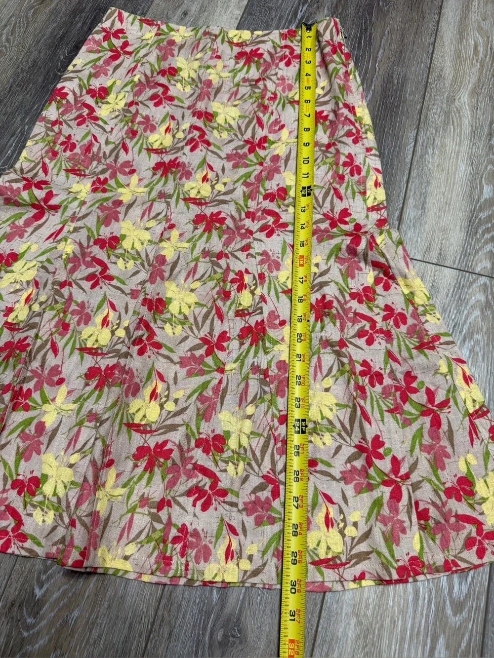 Linen & Cotton Floral A-Line Midi Skirt - Pink with Yellow & Red Flowers